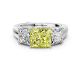 White gold Three-Stone Fancy Yellow Princess Cut Cut Diamond Ring with Prong Setting and Classic Band
