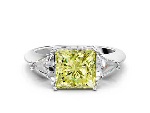 White gold Three-Stone Fancy Yellow Princess Cut Cut Diamond Ring with Trillion Side Stones and Four-Prong Setting_11
