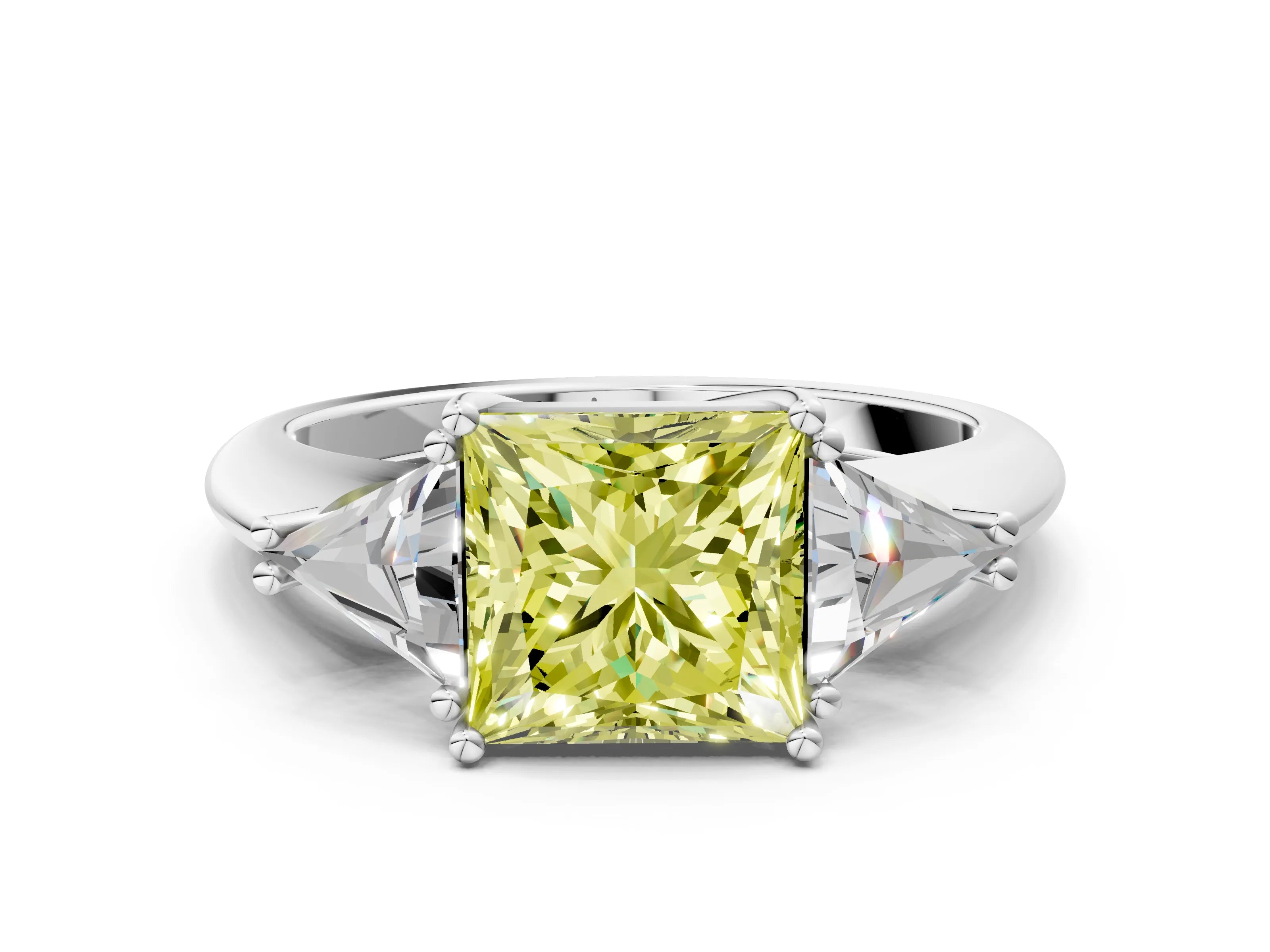 White gold Three-Stone Fancy Yellow Princess Cut Cut Diamond Ring with Trillion Side Stones and Four-Prong Setting_11