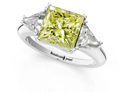 White gold Three-Stone Fancy Yellow Princess Cut Cut Diamond Ring with Trillion Side Stones and Four-Prong Setting_12