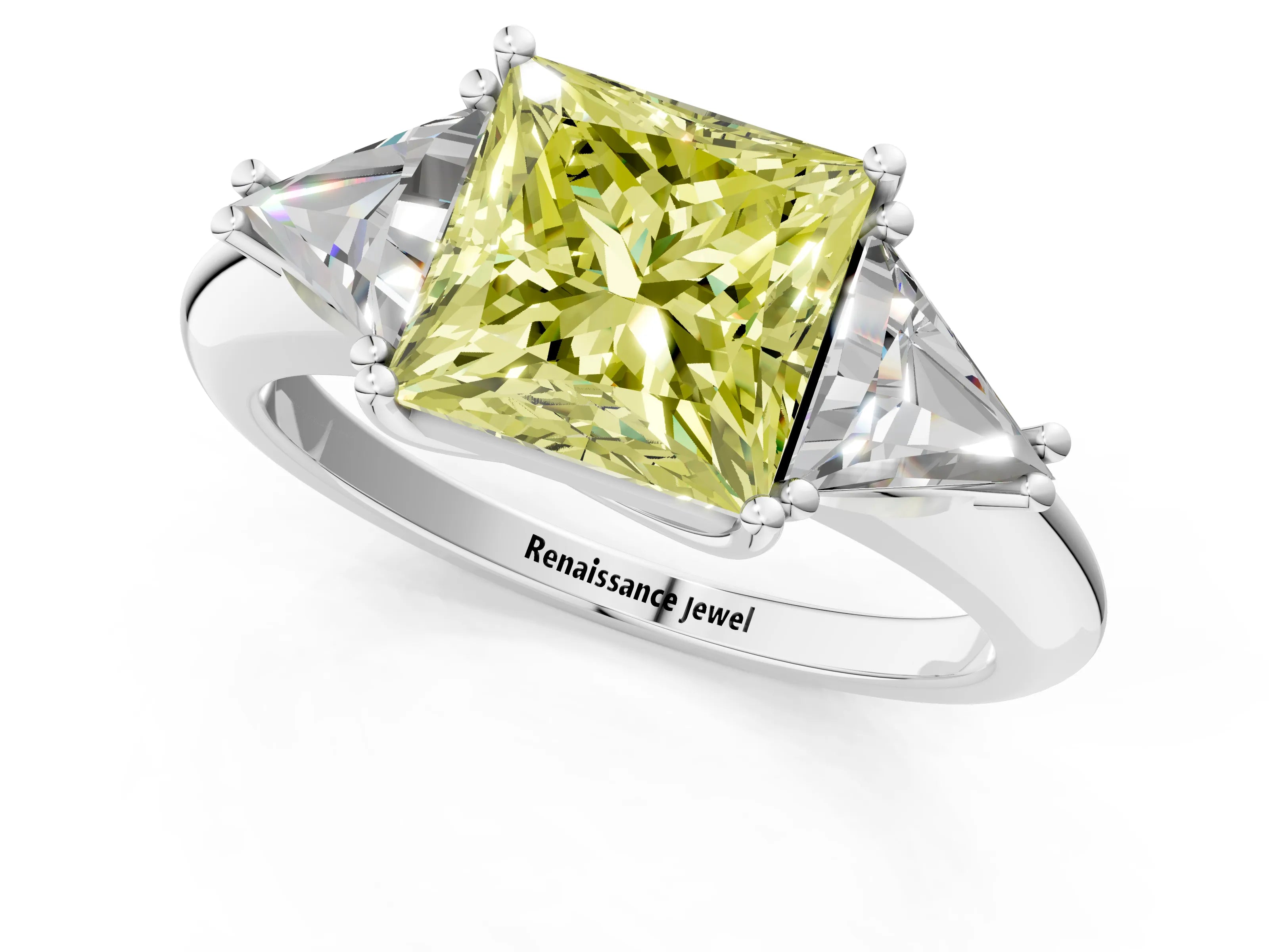 White gold Three-Stone Fancy Yellow Princess Cut Cut Diamond Ring with Trillion Side Stones and Four-Prong Setting_12
