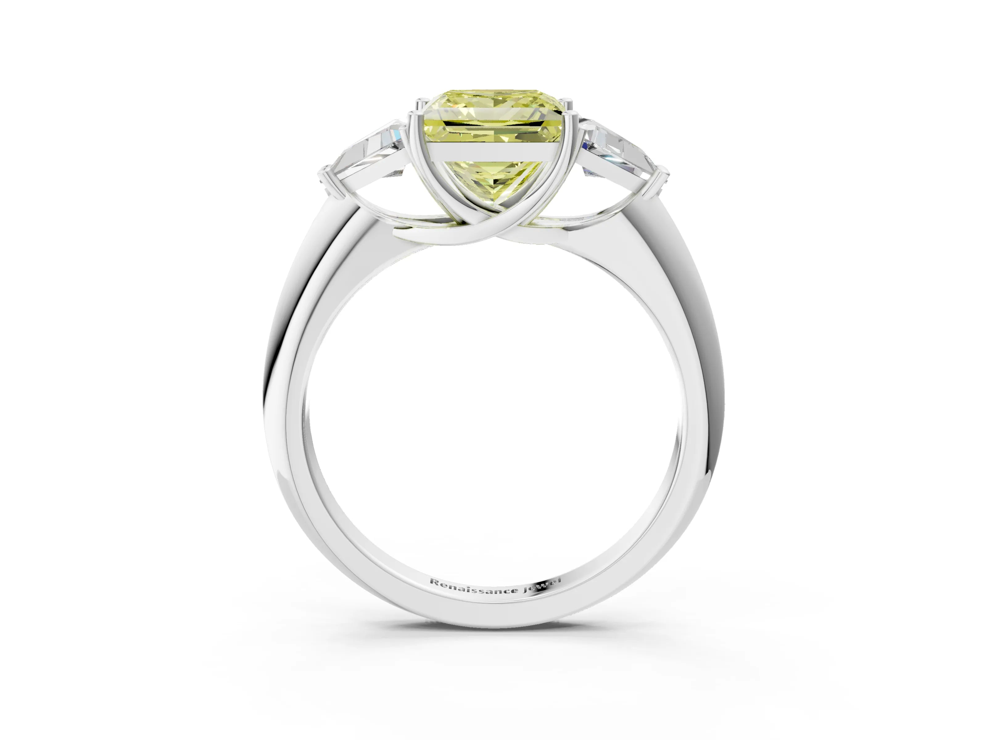 White gold Three-Stone Fancy Yellow Princess Cut Cut Diamond Ring with Trillion Side Stones and Four-Prong Setting_14
