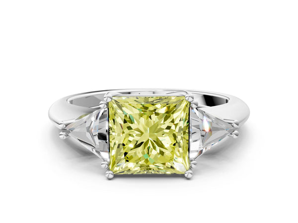 Sterling Silver Princess Cut Trillion Three Stone Engagement Ring Setting for Fancy Yellow Center