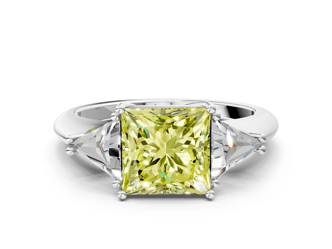 White gold Three-Stone Fancy Yellow Princess Cut Cut Diamond Ring with Trillion Side Stones and Four-Prong Setting_33
