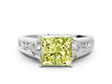White gold Three-Stone Fancy Yellow Princess Cut Cut Diamond Ring with Trillion Side Stones on a Split Shank Band_12