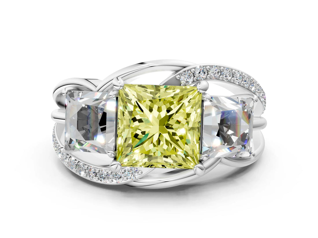 White gold Three-Stone Fancy Yellow Princess Cut Cut Diamond Split Shank Prong Set Ring_12