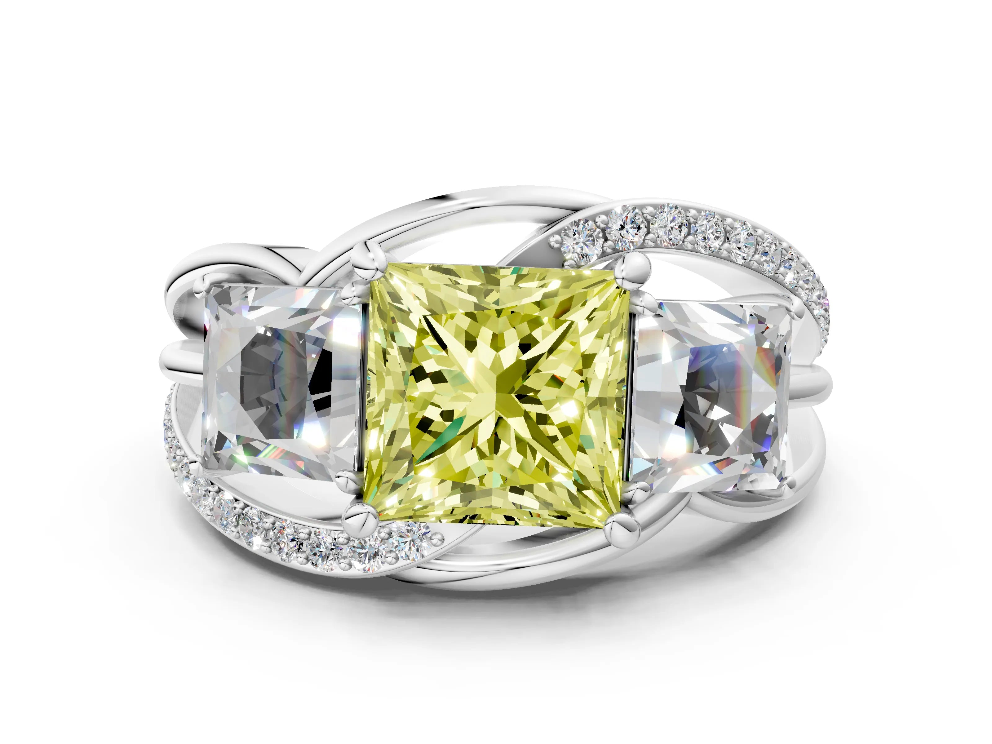 White gold Three-Stone Fancy Yellow Princess Cut Cut Diamond Split Shank Prong Set Ring_24