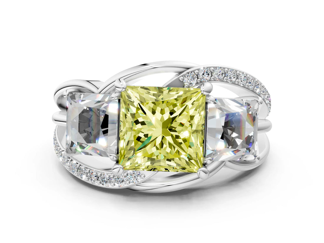 White gold Three-Stone Fancy Yellow Princess Cut Cut Diamond Split Shank Prong Set Ring_24
