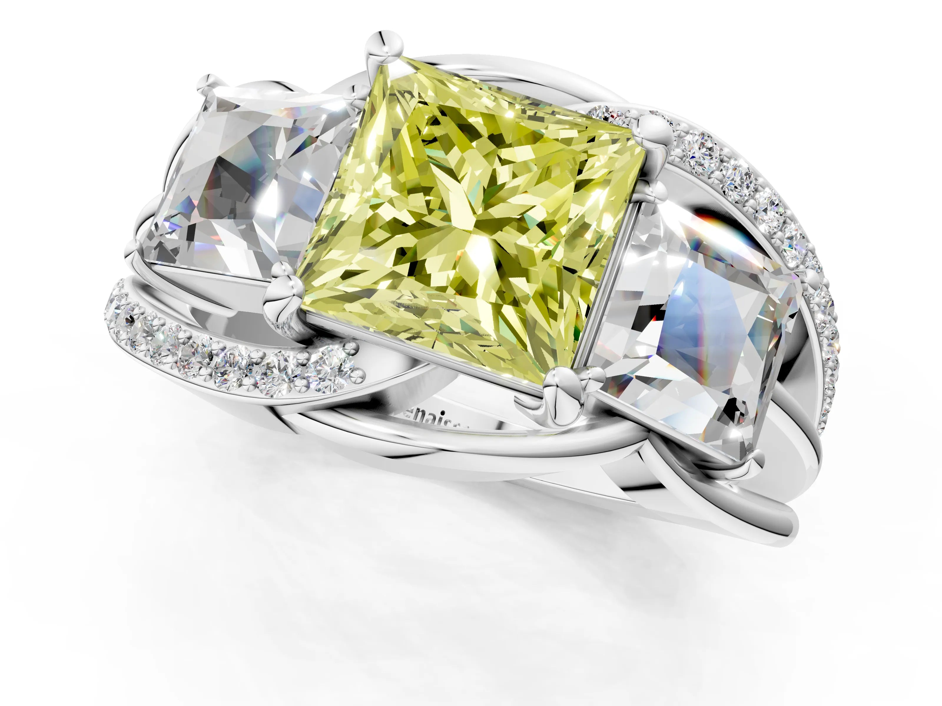 White gold Three-Stone Fancy Yellow Princess Cut Cut Diamond Split Shank Prong Set Ring_25