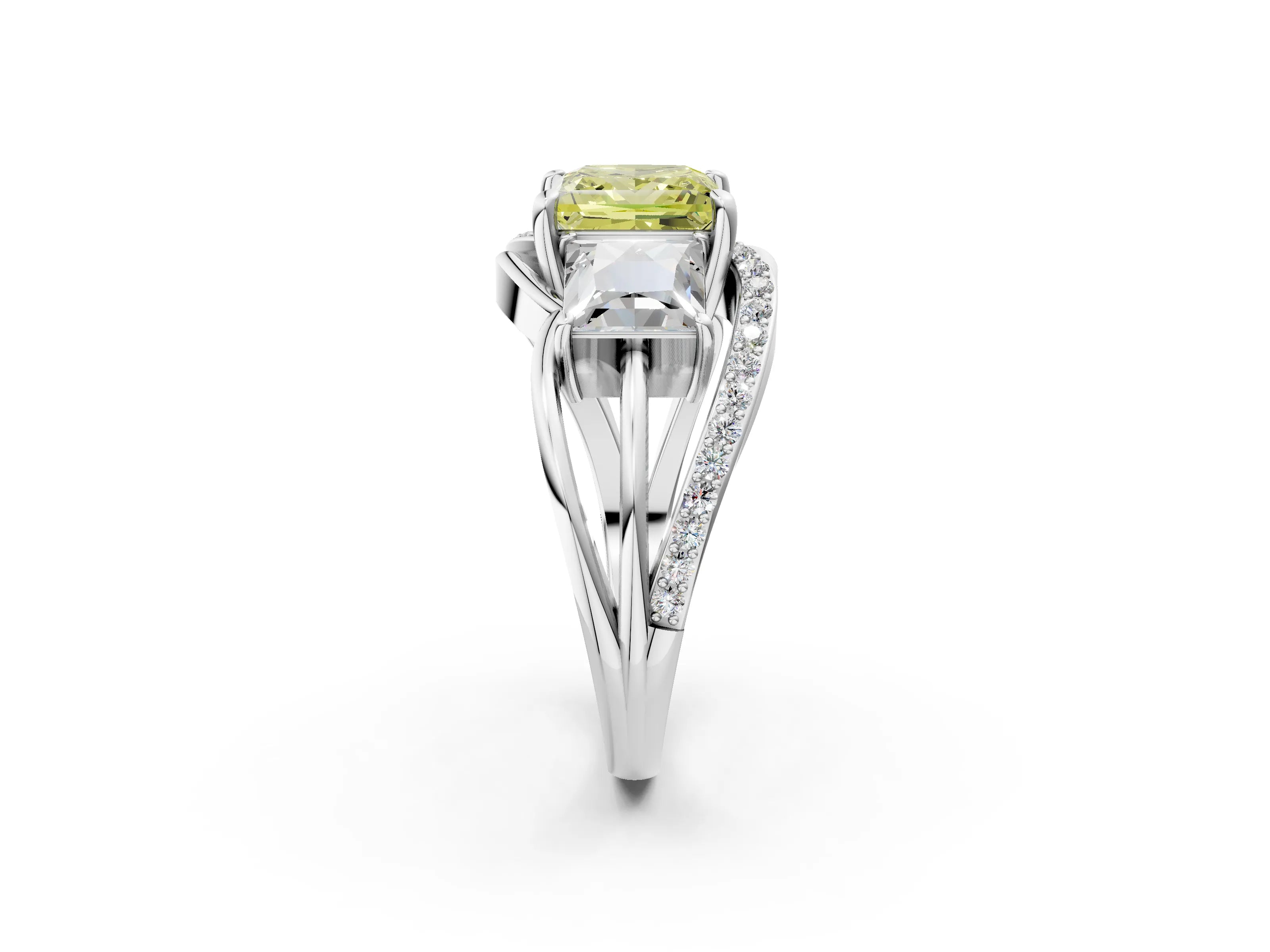 White gold Three-Stone Fancy Yellow Princess Cut Cut Diamond Split Shank Prong Set Ring_26