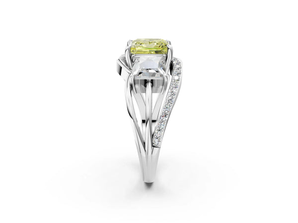 Sterling Silver Princess Cut Three Stone Split Shank Engagement Ring Setting for Fancy Yellow Center