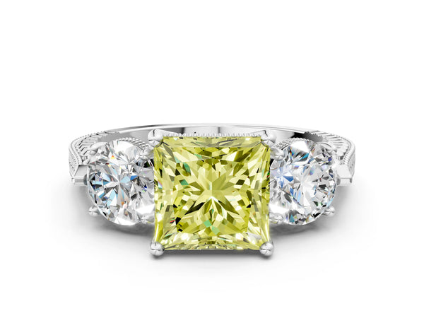 White Gold Princess Cut Vintage Three Stone Engagement Ring Setting for Fancy Yellow Center
