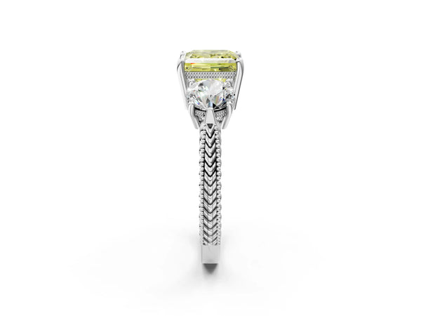 White Gold Princess Cut Vintage Three Stone Engagement Ring Setting for Fancy Yellow Center