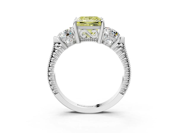 White Gold Princess Cut Vintage Three Stone Engagement Ring Setting for Fancy Yellow Center
