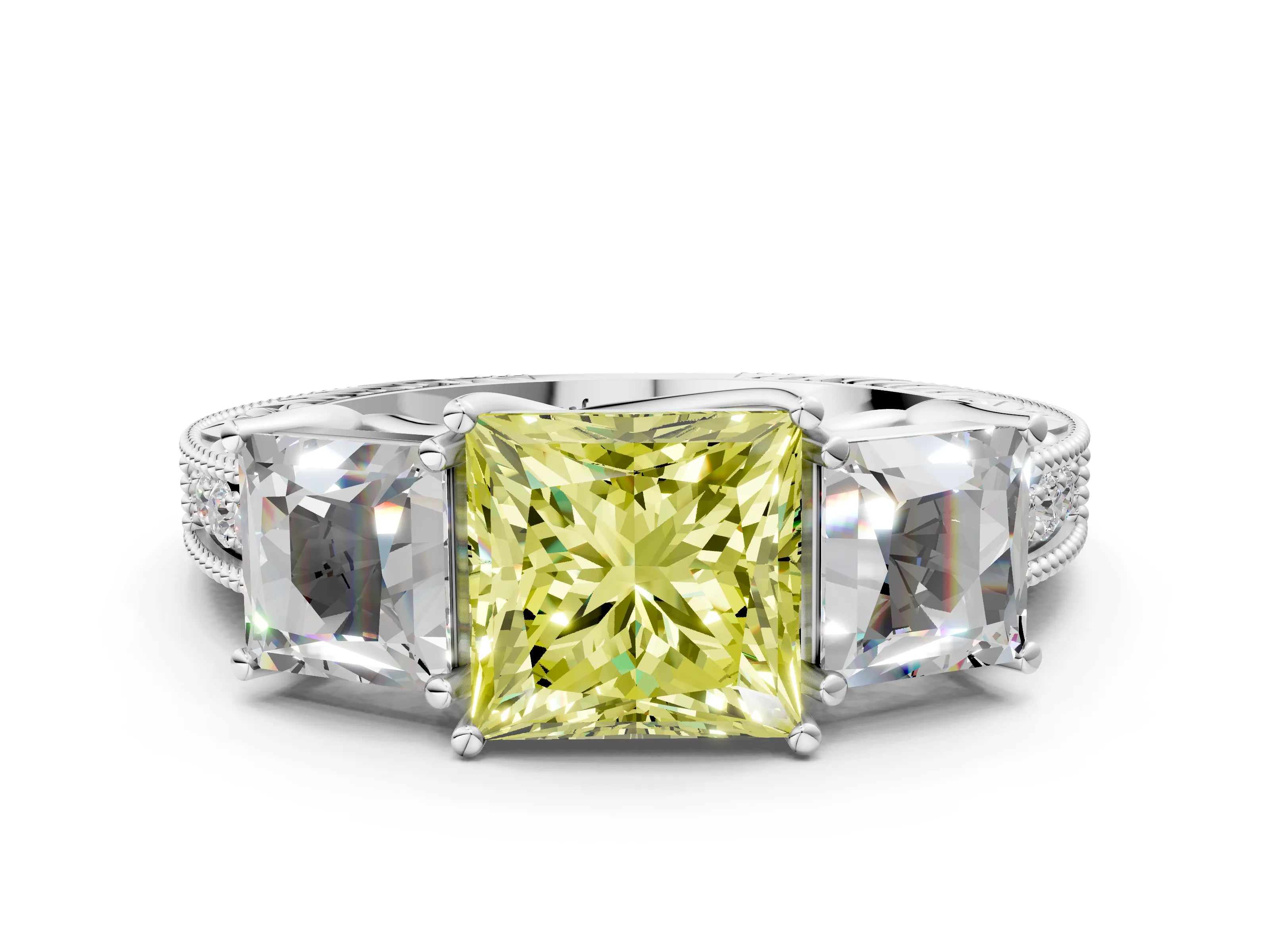 White gold Three-Stone Fancy Yellow Princess Cut Cut Milgrain Pavé Engagement Ring_12