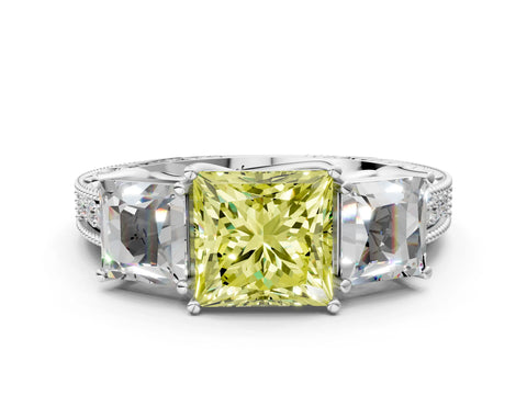 White gold Three-Stone Fancy Yellow Princess Cut Cut Milgrain Pavé Engagement Ring_12