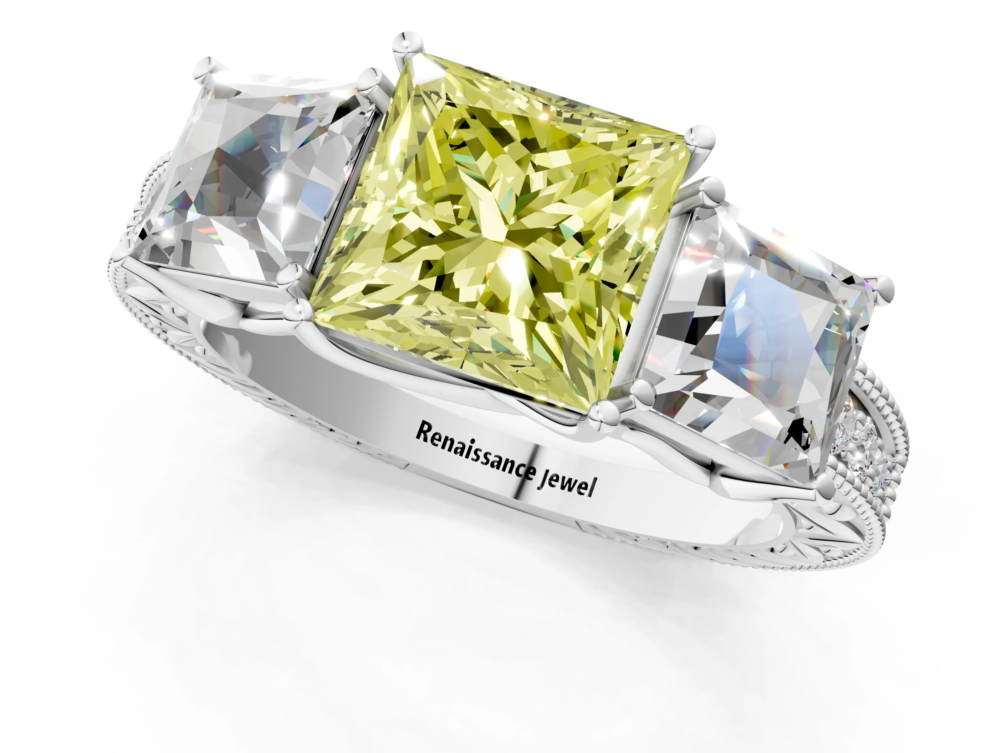 White gold Three-Stone Fancy Yellow Princess Cut Cut Milgrain Pavé Engagement Ring_13