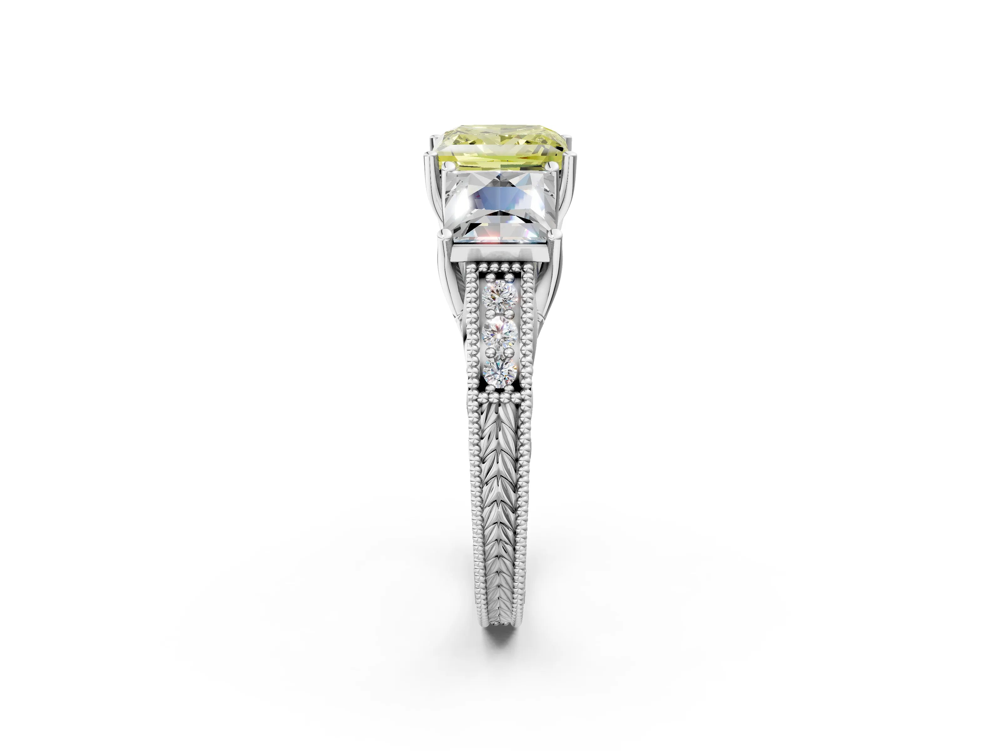 White gold Three-Stone Fancy Yellow Princess Cut Cut Milgrain Pavé Engagement Ring_14