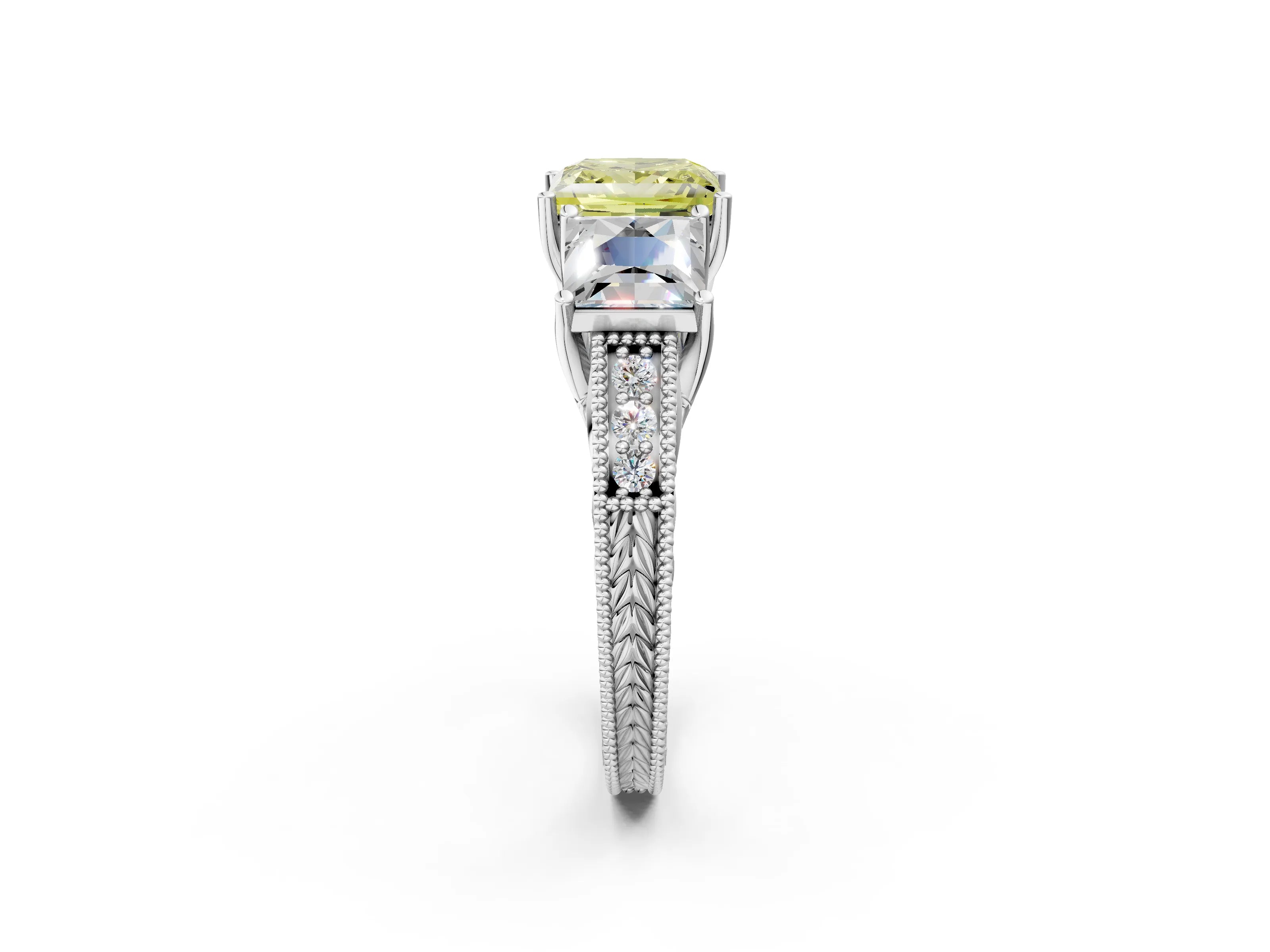 White gold Three-Stone Fancy Yellow Princess Cut Cut Milgrain Pavé Engagement Ring_14