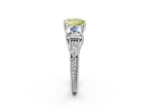 White gold Three-Stone Fancy Yellow Princess Cut Cut Milgrain Pavé Engagement Ring_14