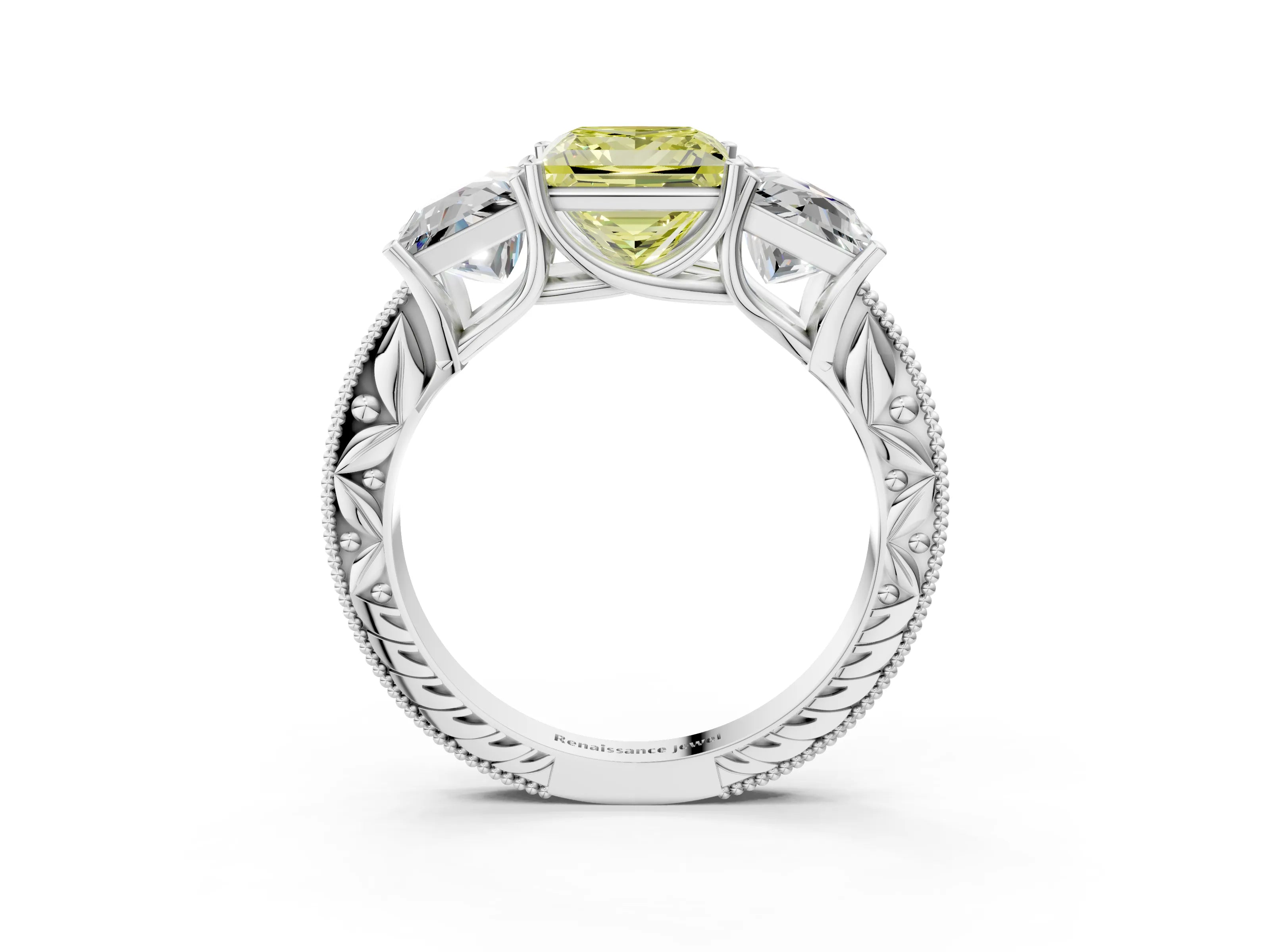 White gold Three-Stone Fancy Yellow Princess Cut Cut Milgrain Pavé Engagement Ring_15