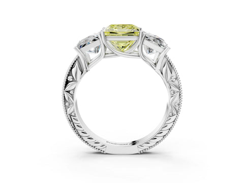 White gold Three-Stone Fancy Yellow Princess Cut Cut Milgrain Pavé Engagement Ring_15