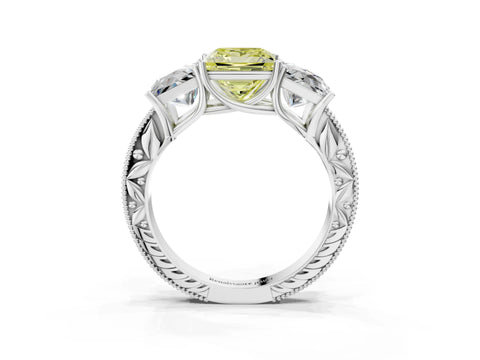 White gold Three-Stone Fancy Yellow Princess Cut Cut Milgrain Pavé Engagement Ring_15