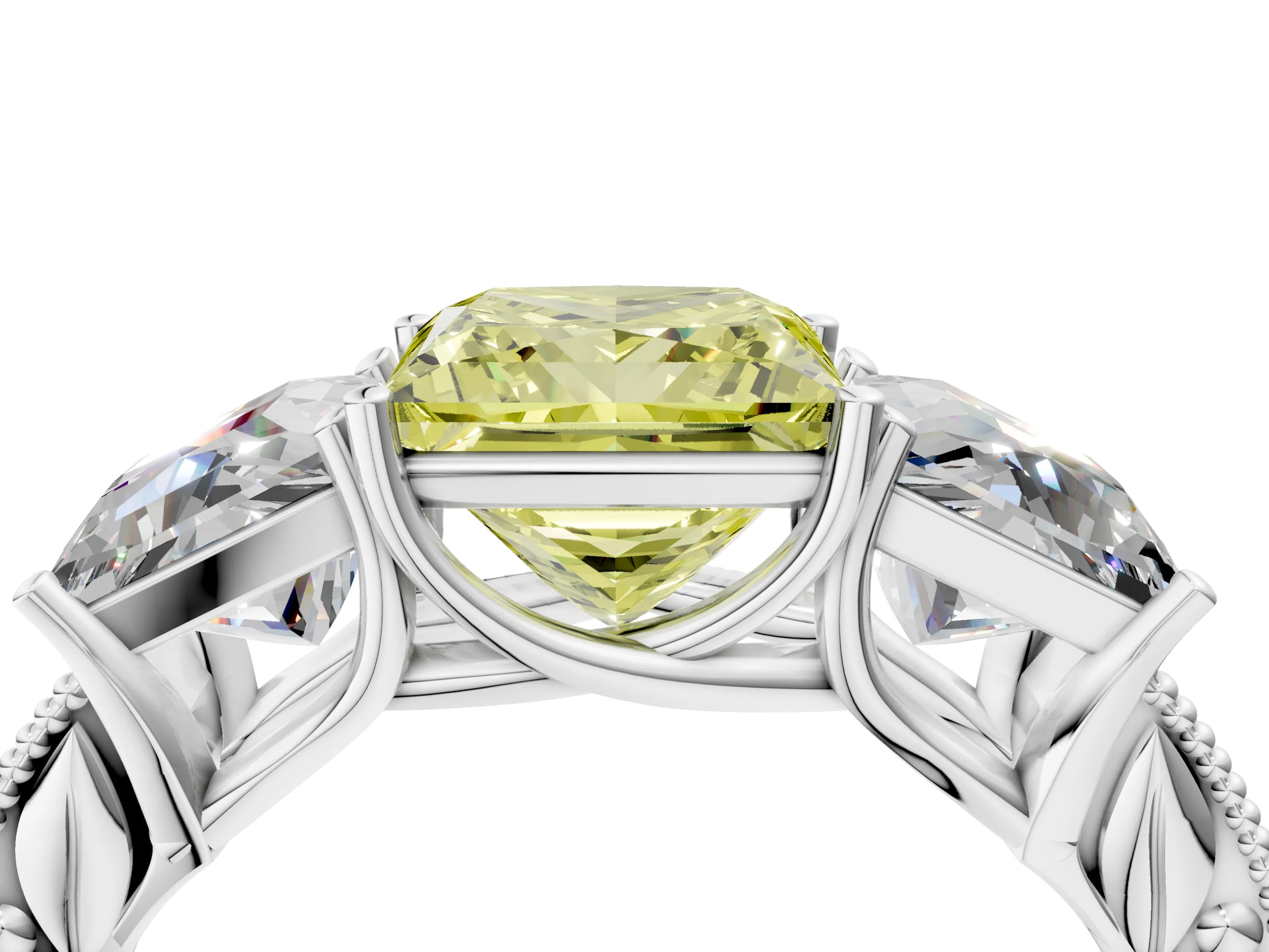 White gold Three-Stone Fancy Yellow Princess Cut Cut Milgrain Pavé Engagement Ring_16