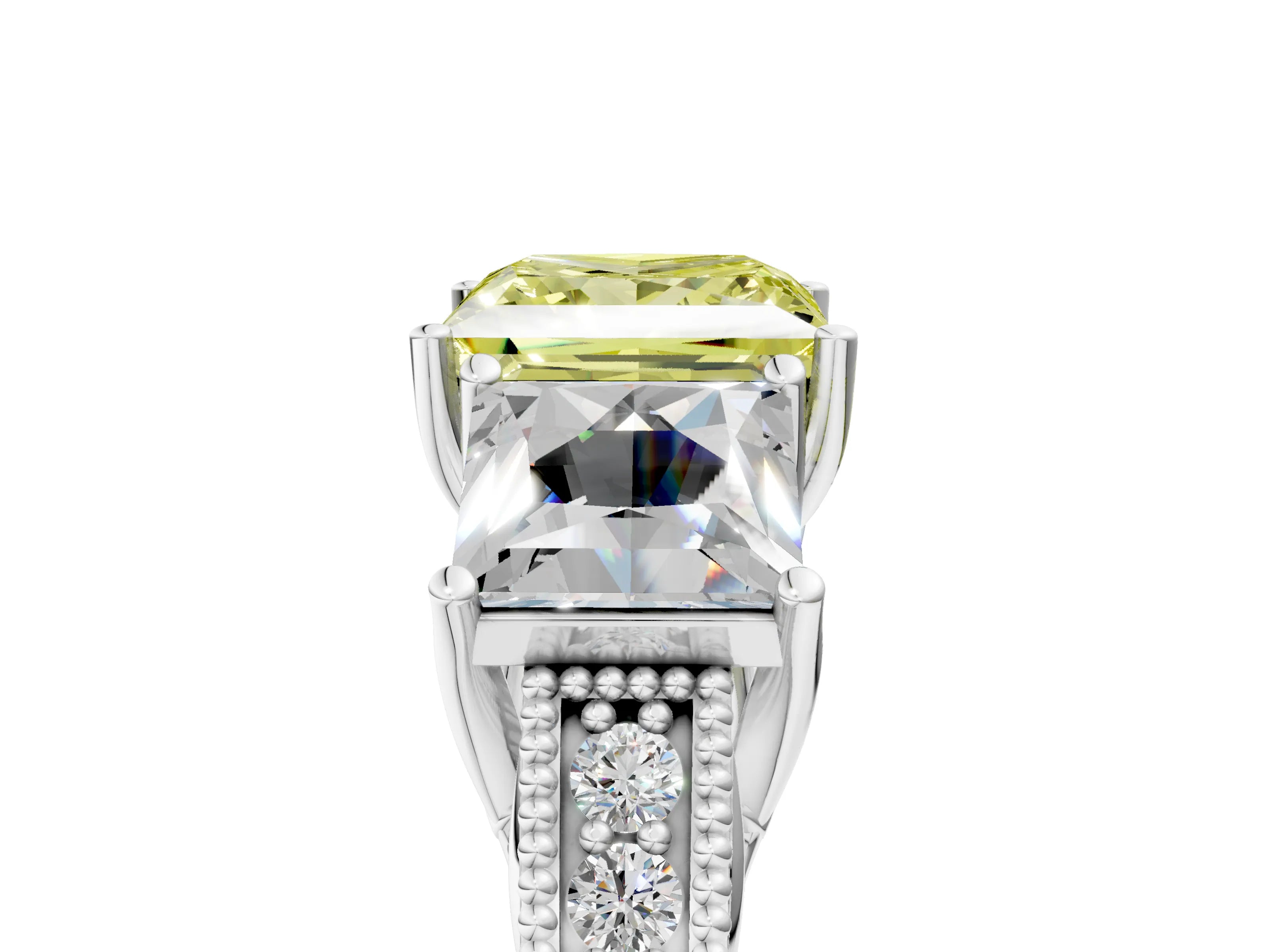 White gold Three-Stone Fancy Yellow Princess Cut Cut Milgrain Pavé Engagement Ring_17