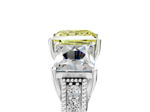 White gold Three-Stone Fancy Yellow Princess Cut Cut Milgrain Pavé Engagement Ring_17
