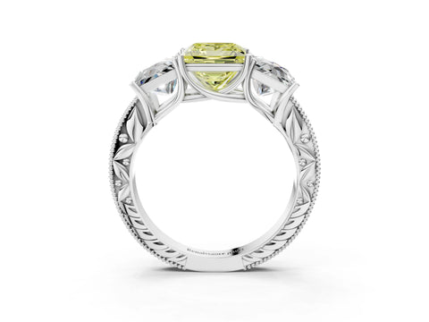 White gold Three-Stone Fancy Yellow Princess Cut Cut Milgrain Pavé Engagement Ring_3