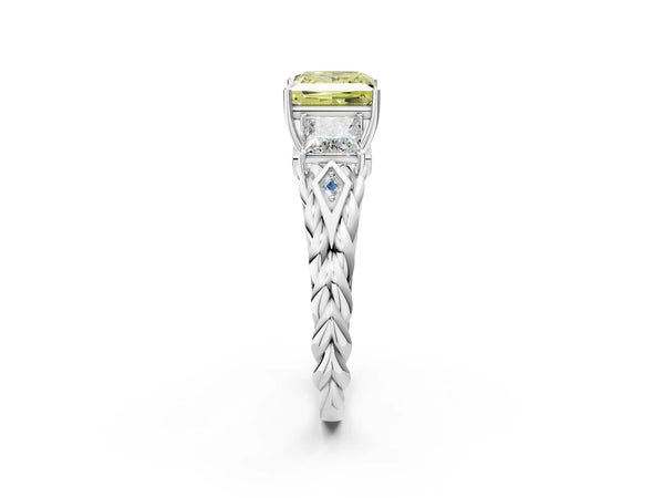 Platinum Three-Stone Fancy Yellow Princess Cut Diamond Braided Band Ring with Four-Prong Setting