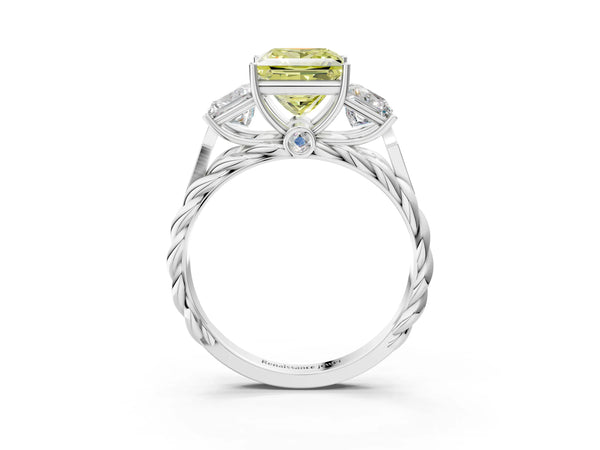 Platinum Three-Stone Fancy Yellow Princess Cut Diamond Braided Band Ring with Four-Prong Setting