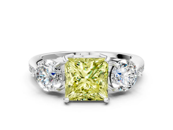 Platinum Three-Stone Fancy Yellow Princess Cut Diamond Channel Set Engagement Ring with Prong Setting