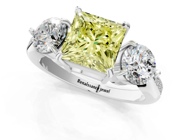 Platinum Three-Stone Fancy Yellow Princess Cut Diamond Channel Set Engagement Ring with Prong Setting