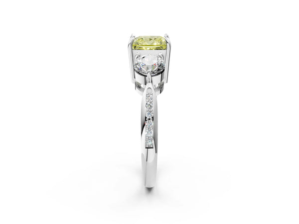 Platinum Three-Stone Fancy Yellow Princess Cut Diamond Channel Set Engagement Ring with Prong Setting