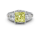 White gold Three-Stone Fancy Yellow Princess Cut Diamond Engagement Ring with Pave Band and Prong Setting_12