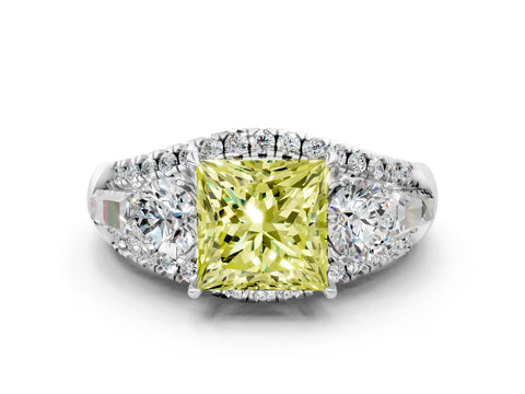 White gold Three-Stone Fancy Yellow Princess Cut Diamond Engagement Ring with Pave Band and Prong Setting_12