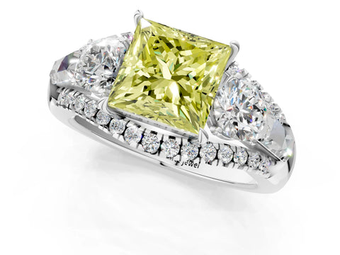 White gold Three-Stone Fancy Yellow Princess Cut Diamond Engagement Ring with Pave Band and Prong Setting_13
