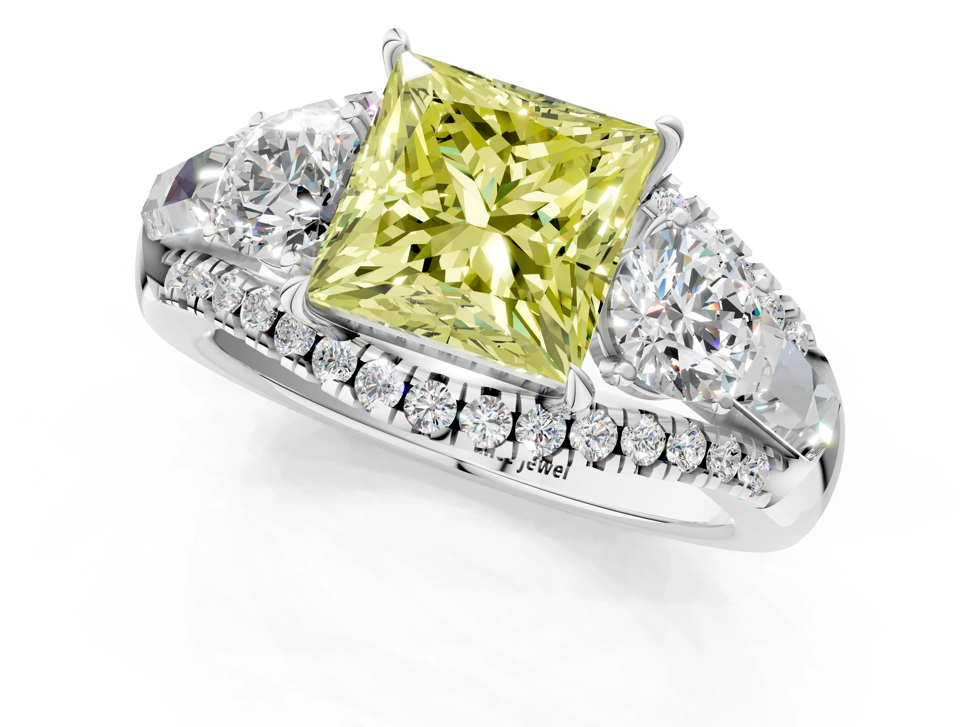 White gold Three-Stone Fancy Yellow Princess Cut Diamond Engagement Ring with Pave Band and Prong Setting_13