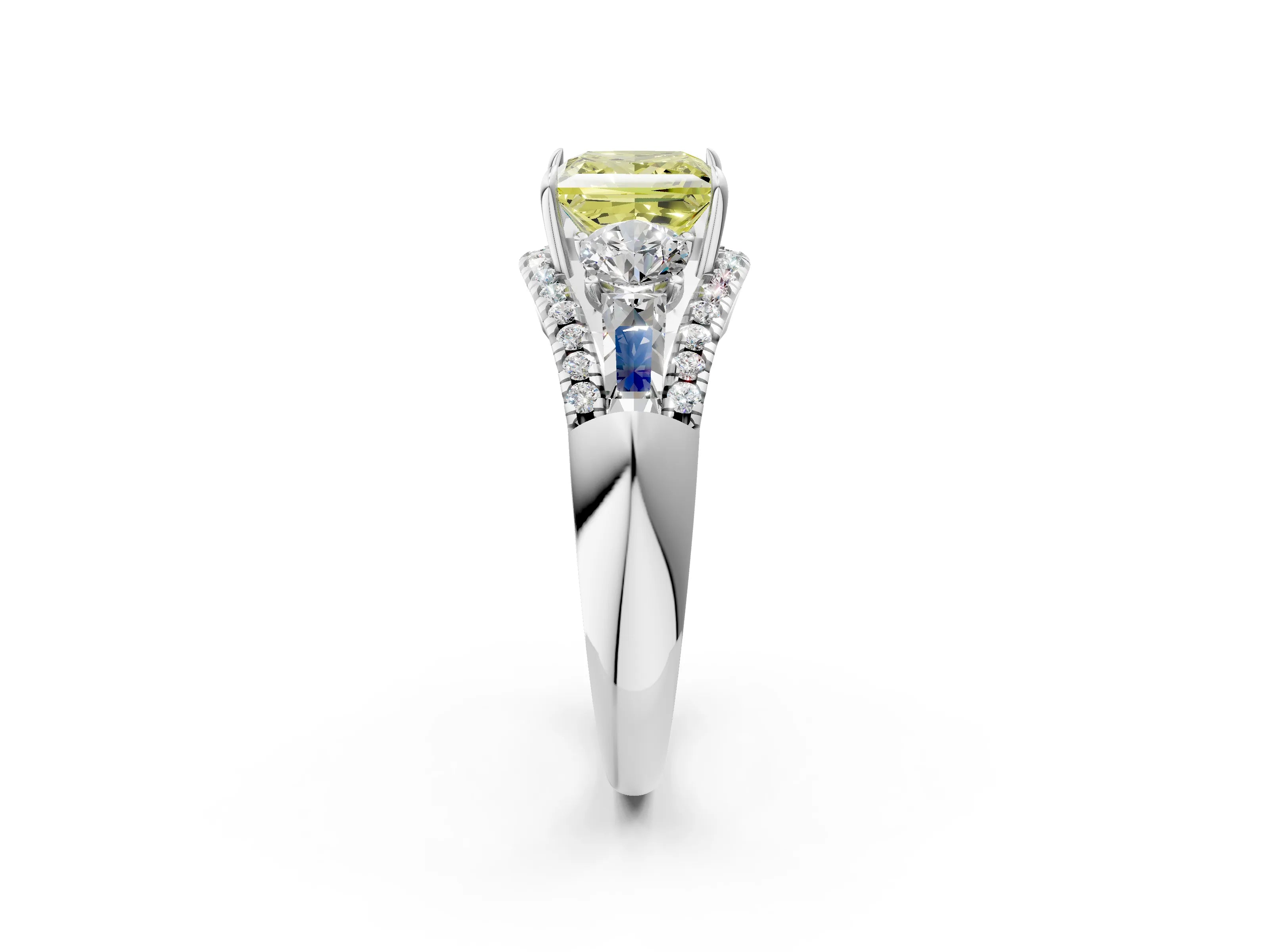 White gold Three-Stone Fancy Yellow Princess Cut Diamond Engagement Ring with Pave Band and Prong Setting_14