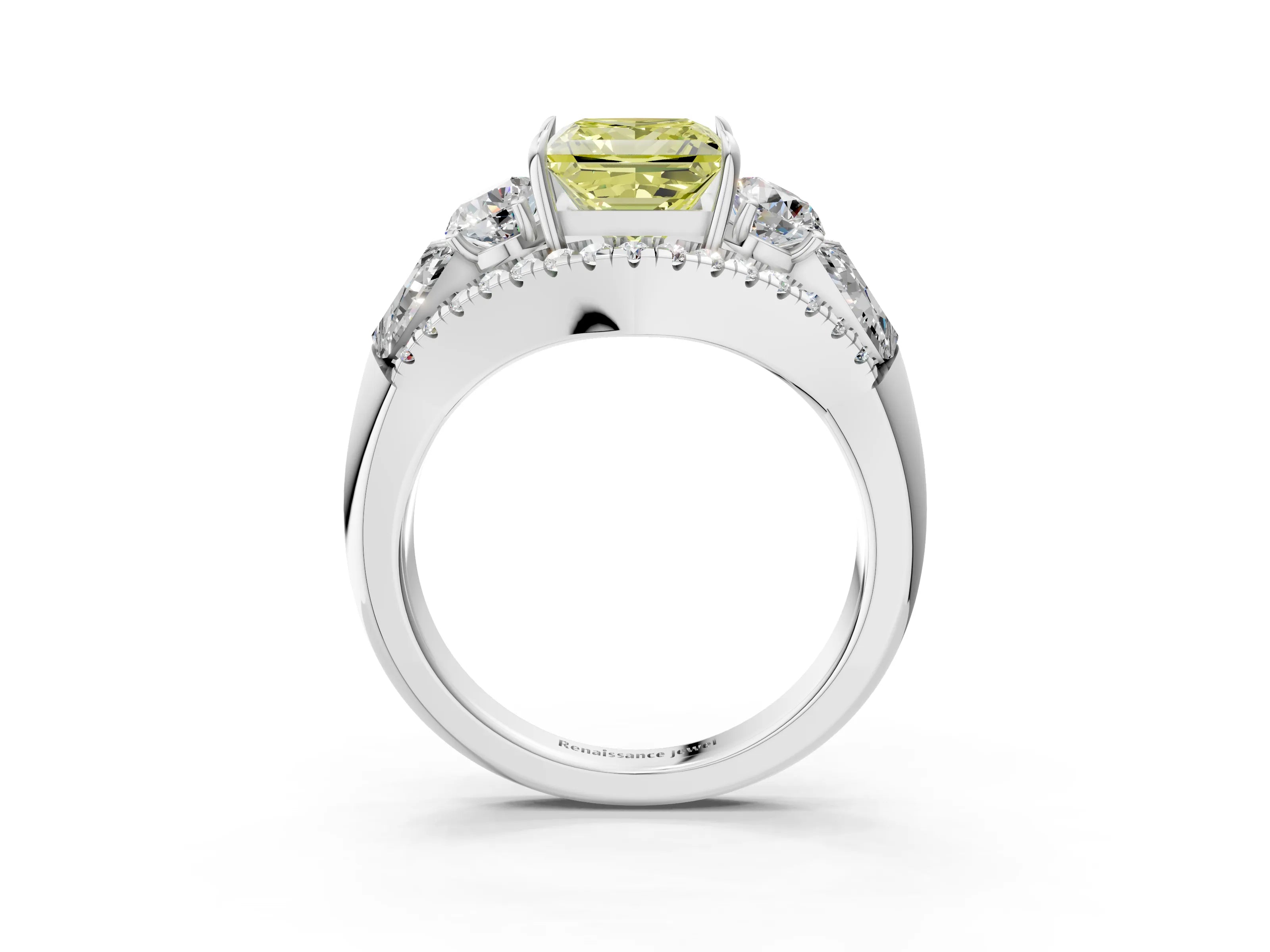 White gold Three-Stone Fancy Yellow Princess Cut Diamond Engagement Ring with Pave Band and Prong Setting_15