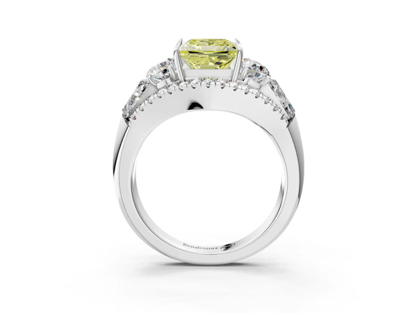 White gold Three-Stone Fancy Yellow Princess Cut Diamond Engagement Ring with Pave Band and Prong Setting