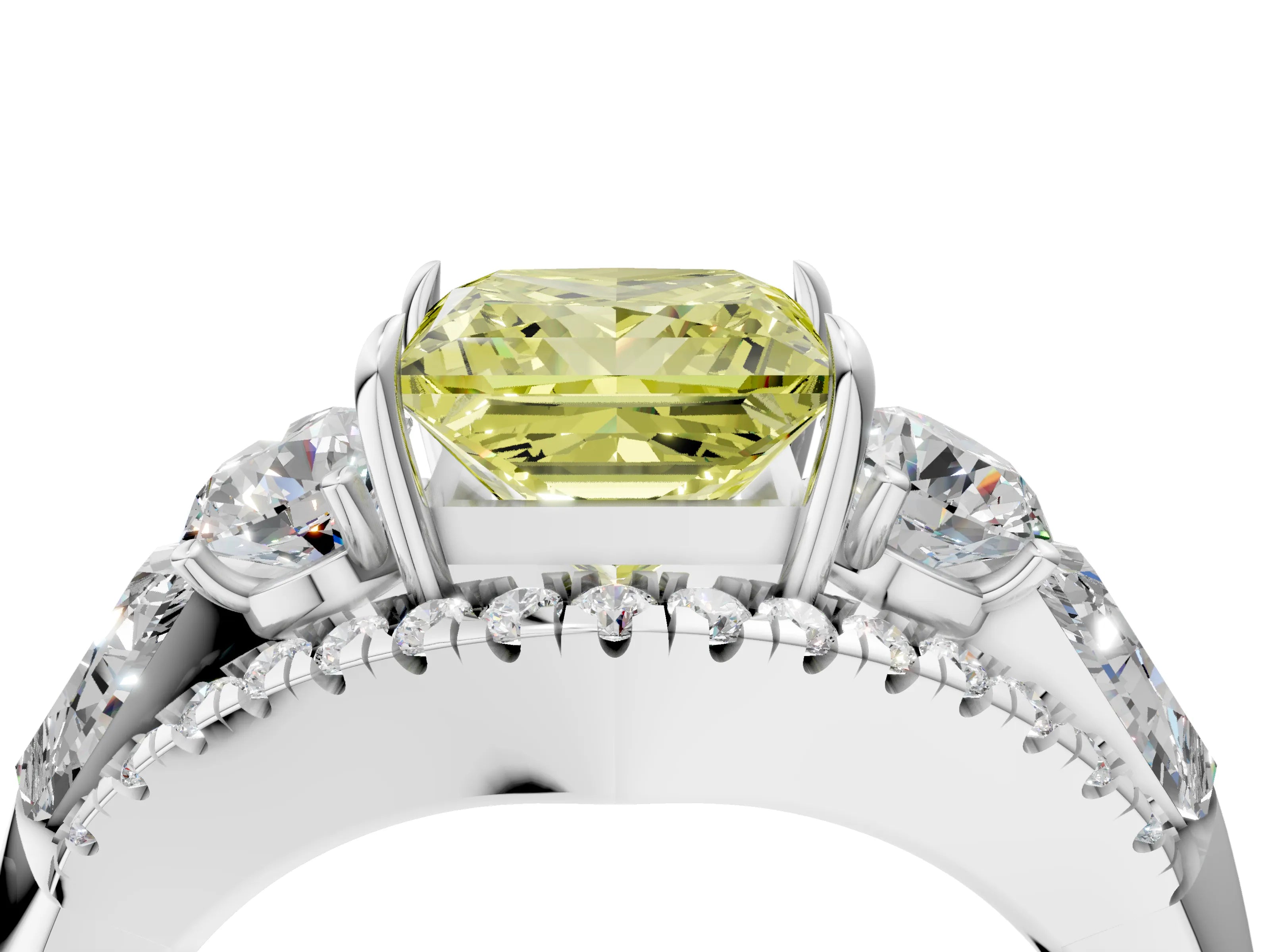 White gold Three-Stone Fancy Yellow Princess Cut Diamond Engagement Ring with Pave Band and Prong Setting_16