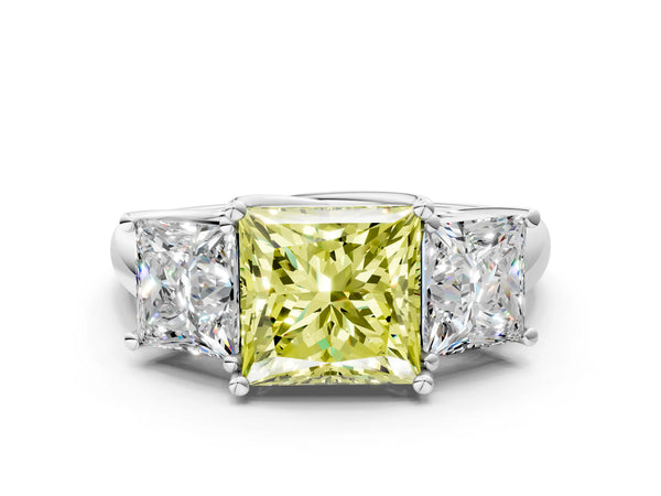 Platinum Three-Stone Fancy Yellow Princess Cut Diamond Engagement Ring with Prong Setting