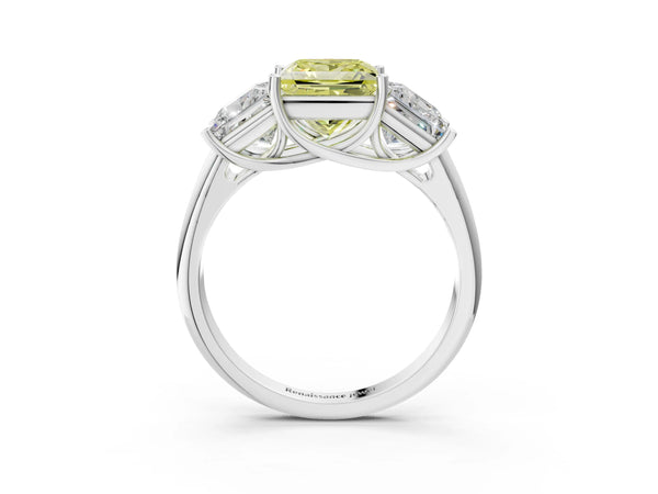 Platinum Three-Stone Fancy Yellow Princess Cut Diamond Engagement Ring with Prong Setting