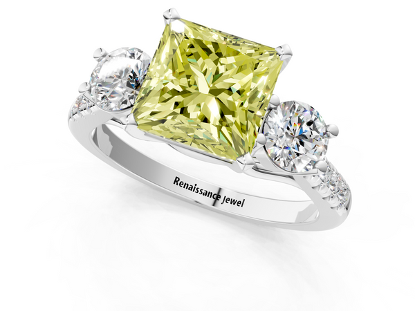 Platinum Three-Stone Fancy Yellow Princess Cut Diamond Pavé Band with Four-Prong Setting