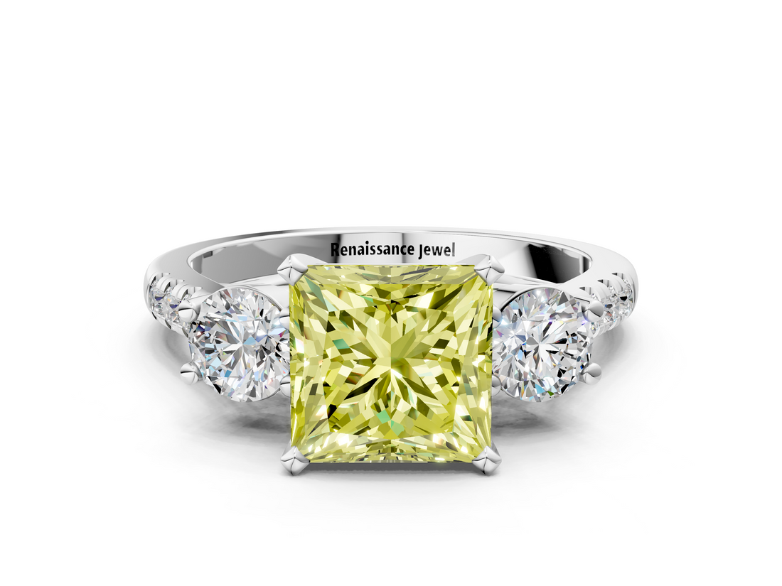 White gold Three-Stone Fancy Yellow Princess  Cut Diamond Pavé Band with Four-Prong Setting_9