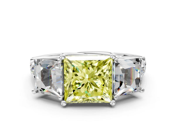 Platinum Three-Stone Fancy Yellow Princess Cut Diamond Pavé Band with Prong Setting