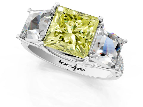 White gold Three-Stone Fancy Yellow Princess Cut Diamond Pavé Band with Prong Setting_13
